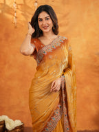 Mustard Gold Fendy Satin Embroidered Saree with Multicolor Floral Border & Tassels | Designer Festive Party Wear Saree with Heavy Embroidered Blouse