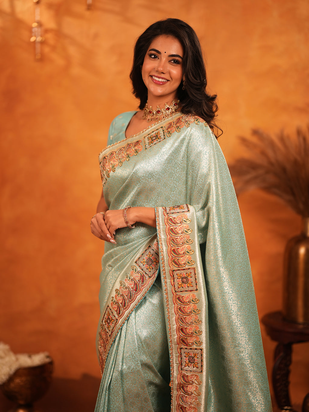 Mint Green Banarasi Silk Saree with Intricate Zari Weaving & Heavy Ornamental Embroidered Border | Elegant Festive & Wedding Wear Saree with Blouse