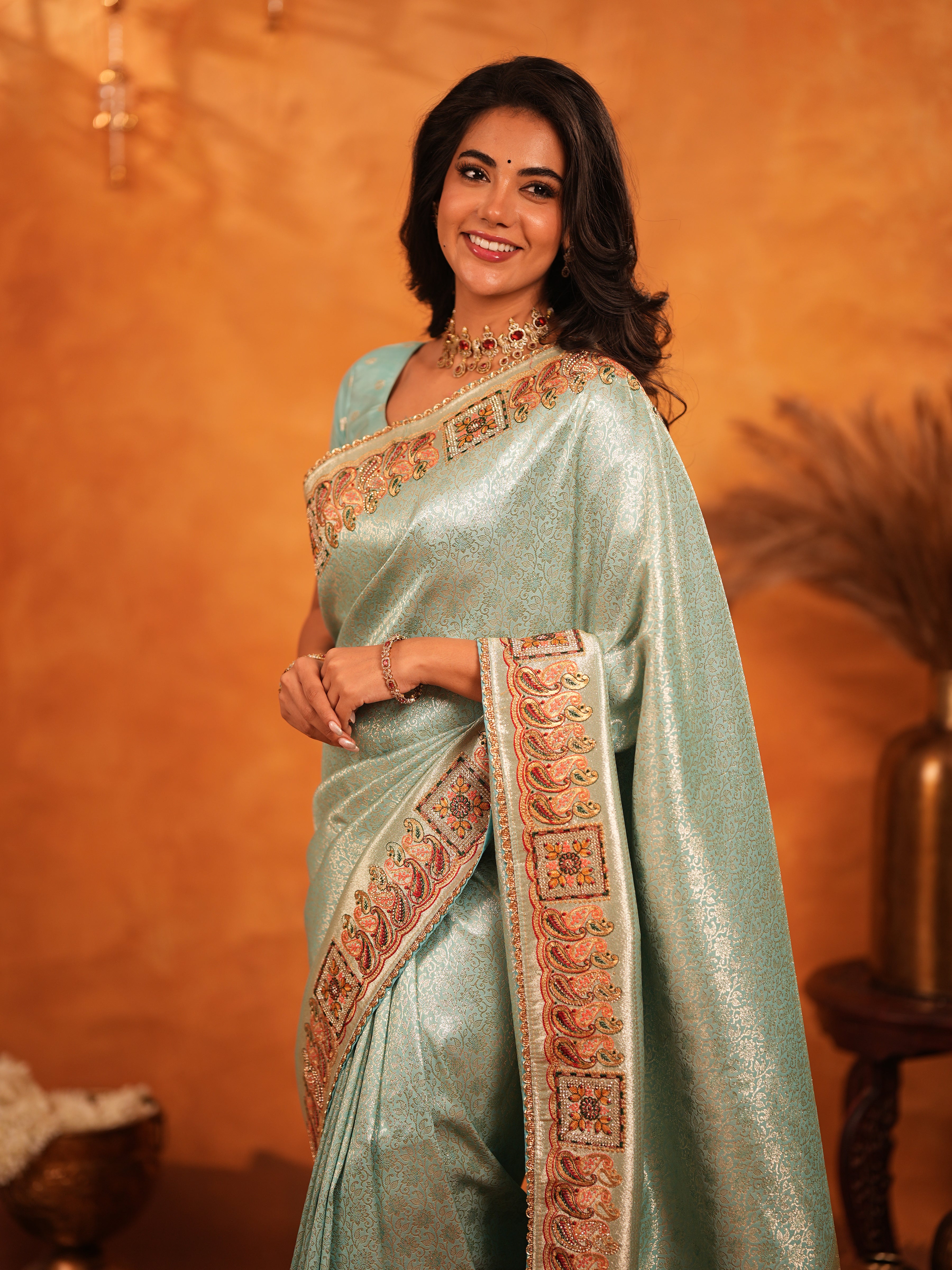 Mint Green Banarasi Silk Saree with Intricate Zari Weaving & Heavy Ornamental Embroidered Border | Elegant Festive & Wedding Wear Saree with Blouse