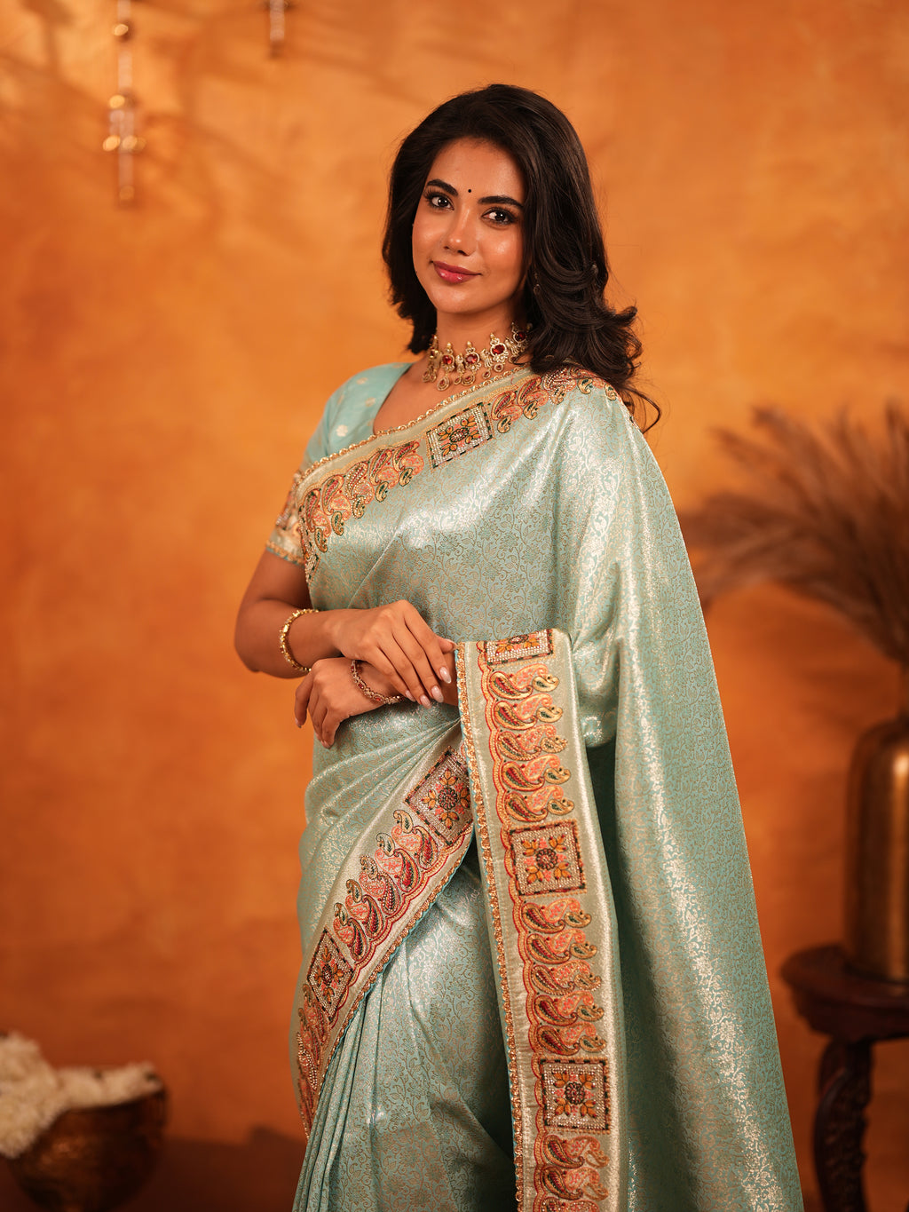 Mint Green Banarasi Silk Saree with Intricate Zari Weaving & Heavy Ornamental Embroidered Border | Elegant Festive & Wedding Wear Saree with Blouse