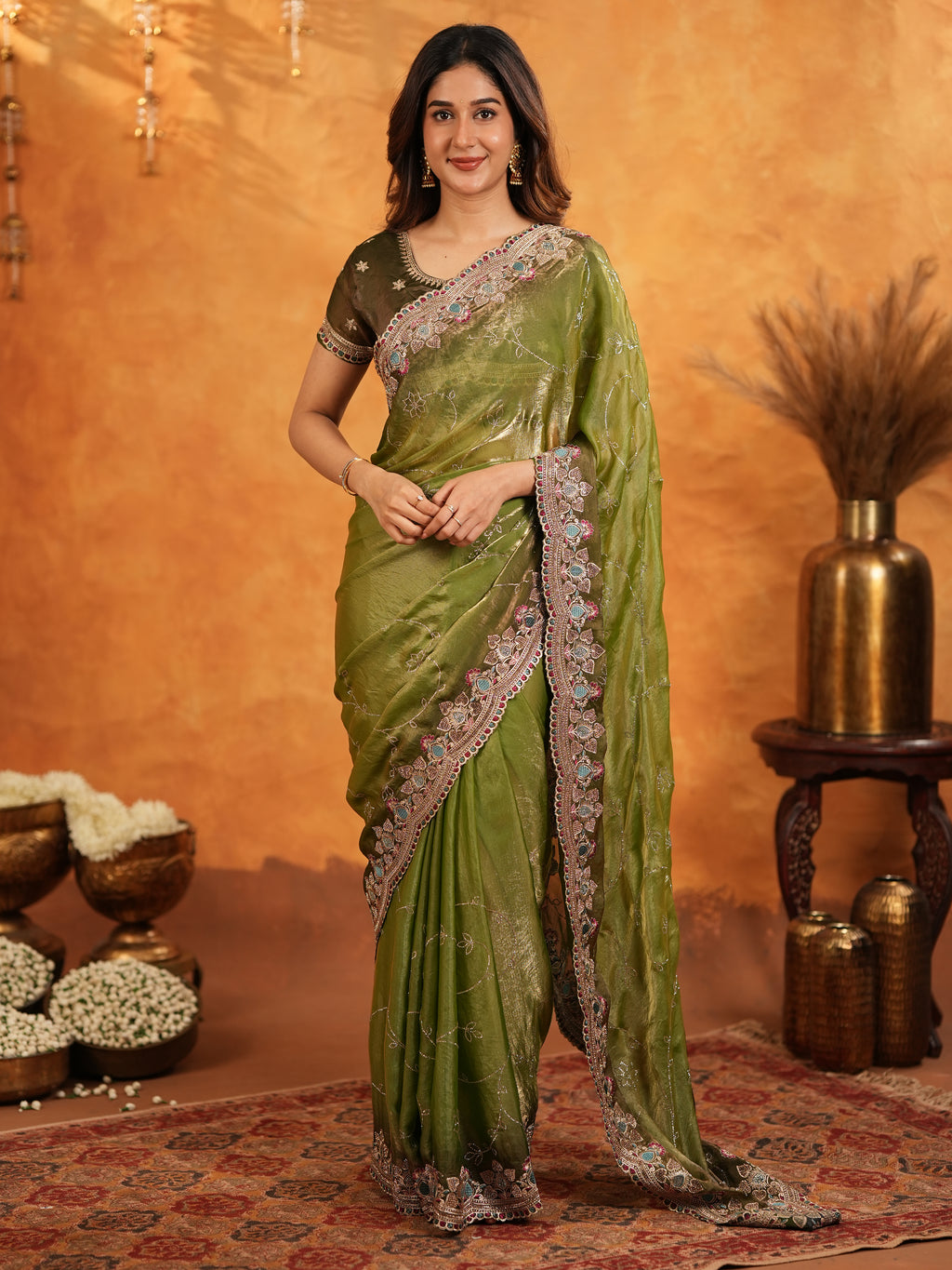 Olive Green Fendy Satin Embroidered Saree with Multicolor Floral Border & Tassels | Designer Festive Wear Saree with Heavy Embroidered Blouse