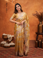 Golden Tissue Silk Embroidered Saree with Rich Zari Motifs & Designer Border | Heavy Embroidered Blouse with Tassels | Wedding & Festive Wear Saree