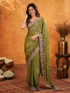 Olive Green Fendy Satin Embroidered Saree with Multicolor Floral Border & Tassels | Designer Festive Wear Saree with Heavy Embroidered Blouse