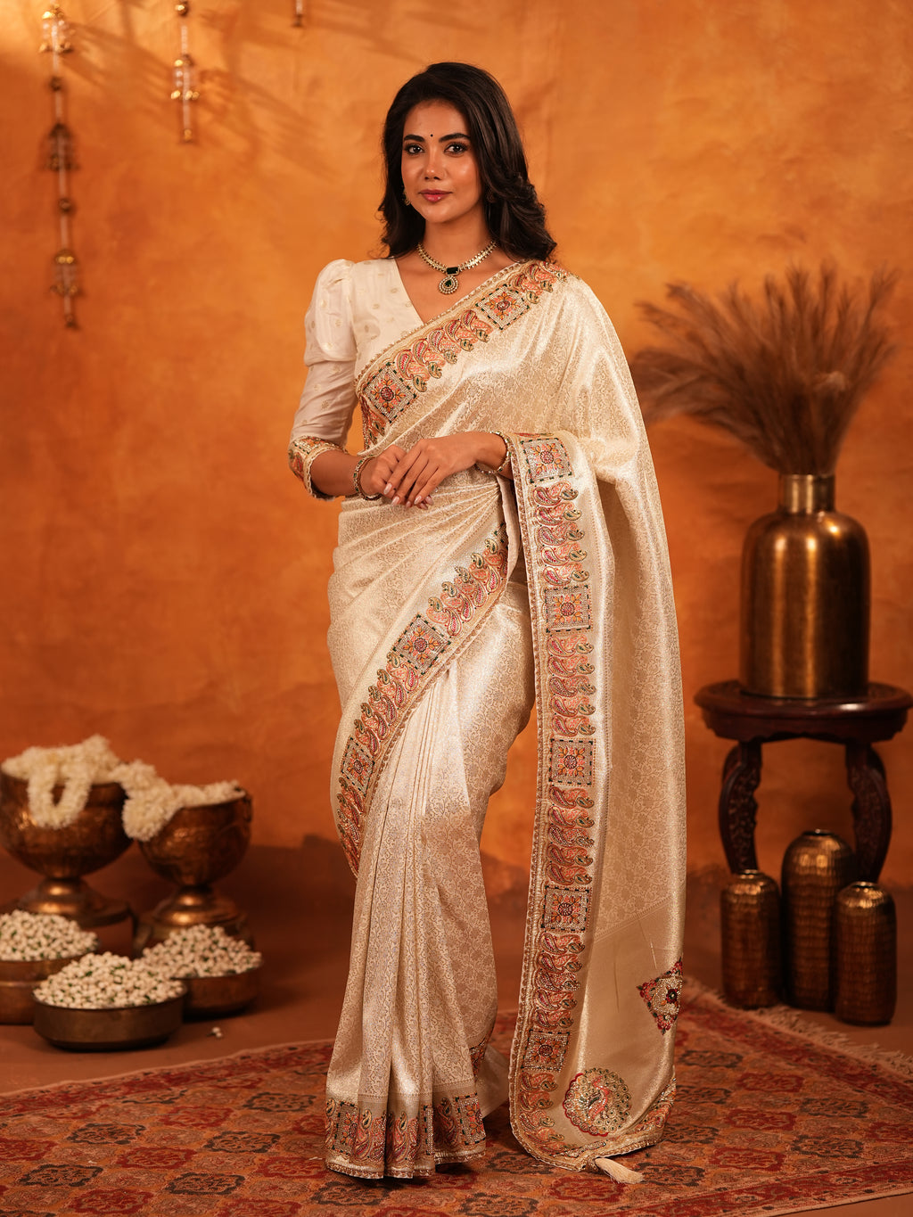 Ivory Cream Banarasi Silk Saree with Elegant Zari Weaving & Ornamental Embroidered Border | Classic Wedding & Festive Wear Saree with Blouse