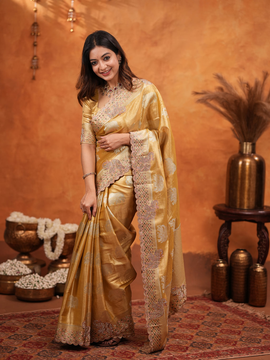 Golden Tissue Silk Embroidered Saree with Rich Zari Motifs & Designer Border | Heavy Embroidered Blouse with Tassels | Wedding & Festive Wear Saree
