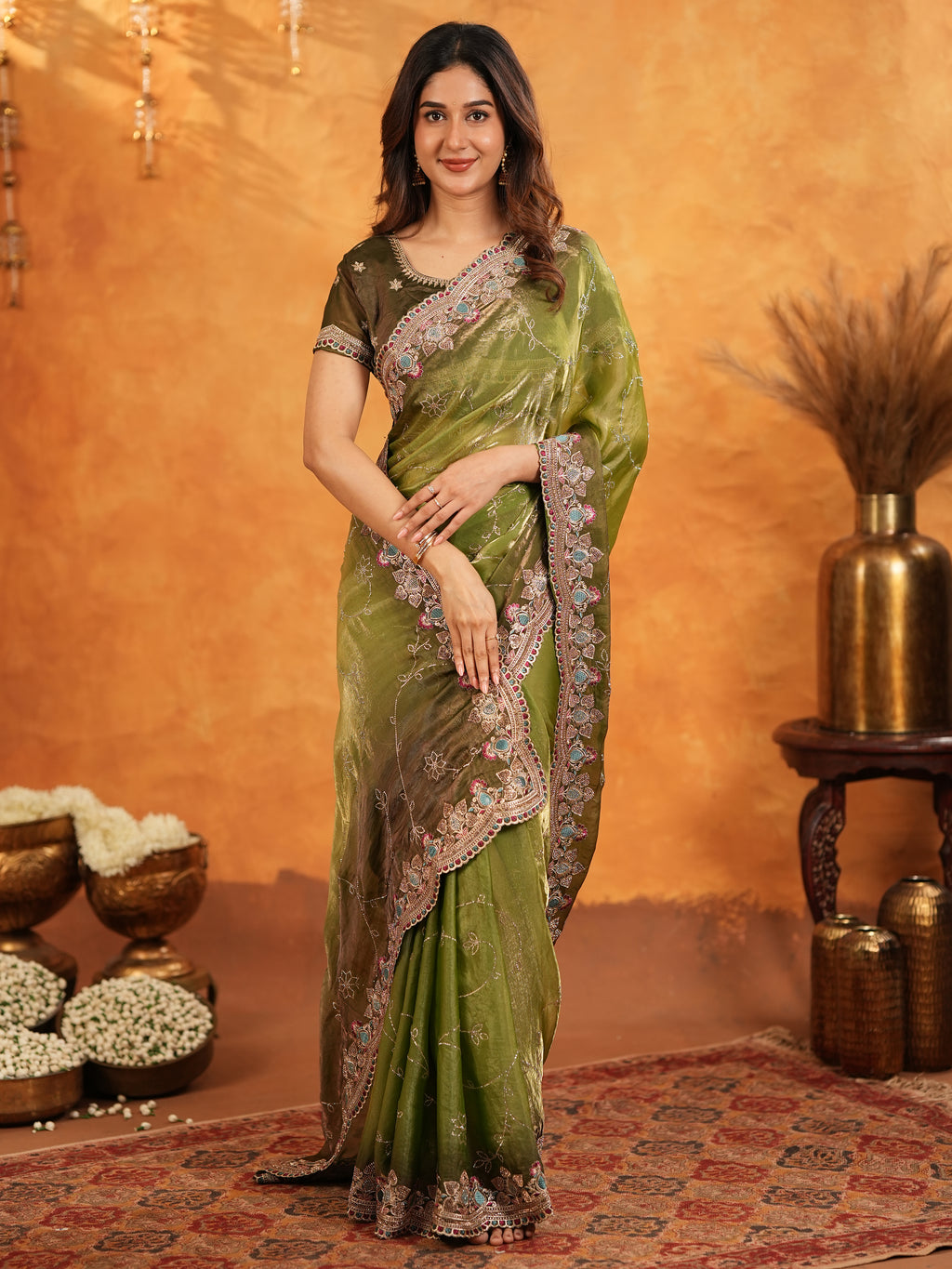 Olive Green Fendy Satin Embroidered Saree with Multicolor Floral Border & Tassels | Designer Festive Wear Saree with Heavy Embroidered Blouse