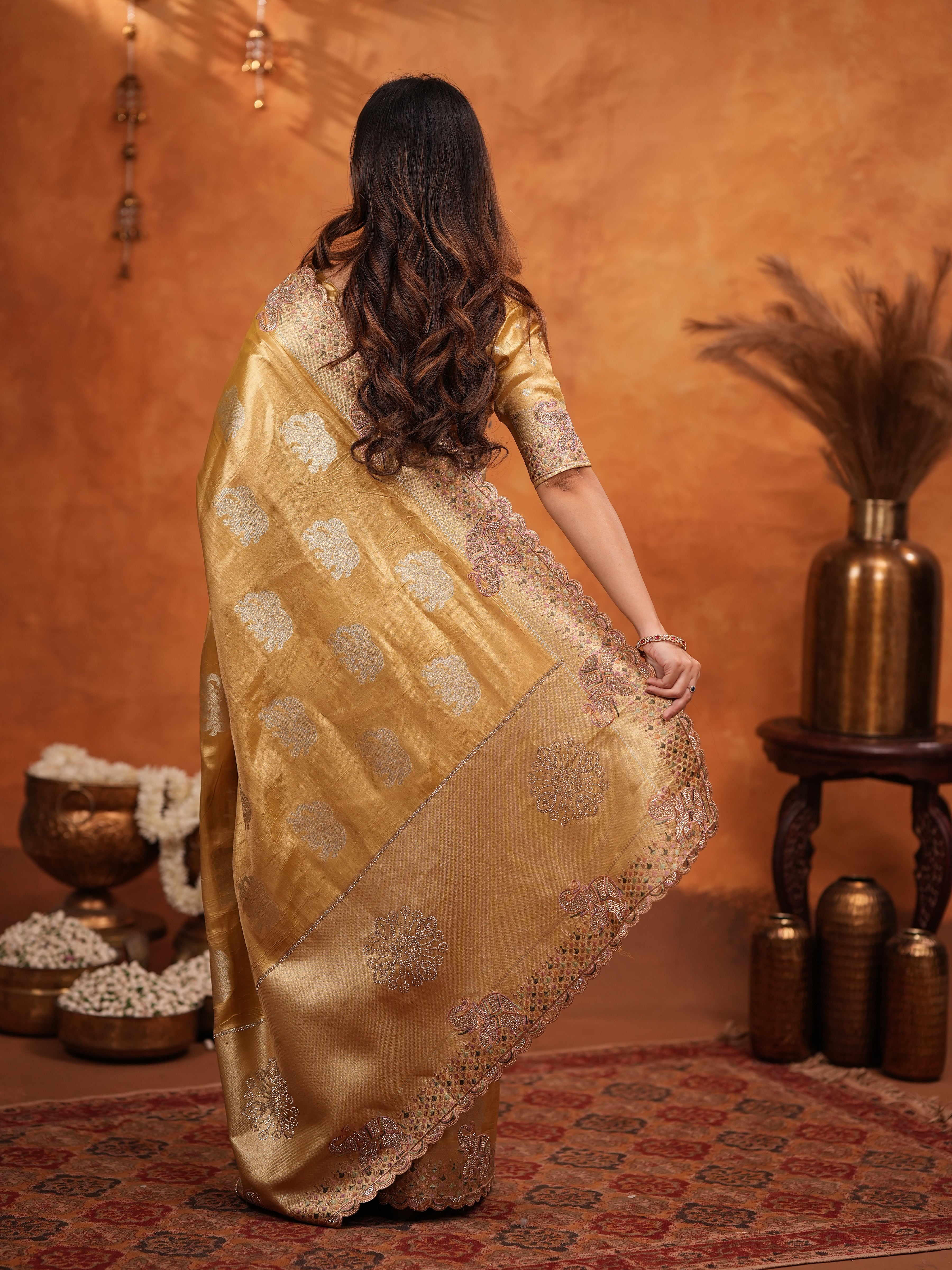 Golden Tissue Silk Embroidered Saree with Rich Zari Motifs & Designer Border | Heavy Embroidered Blouse with Tassels | Wedding & Festive Wear Saree