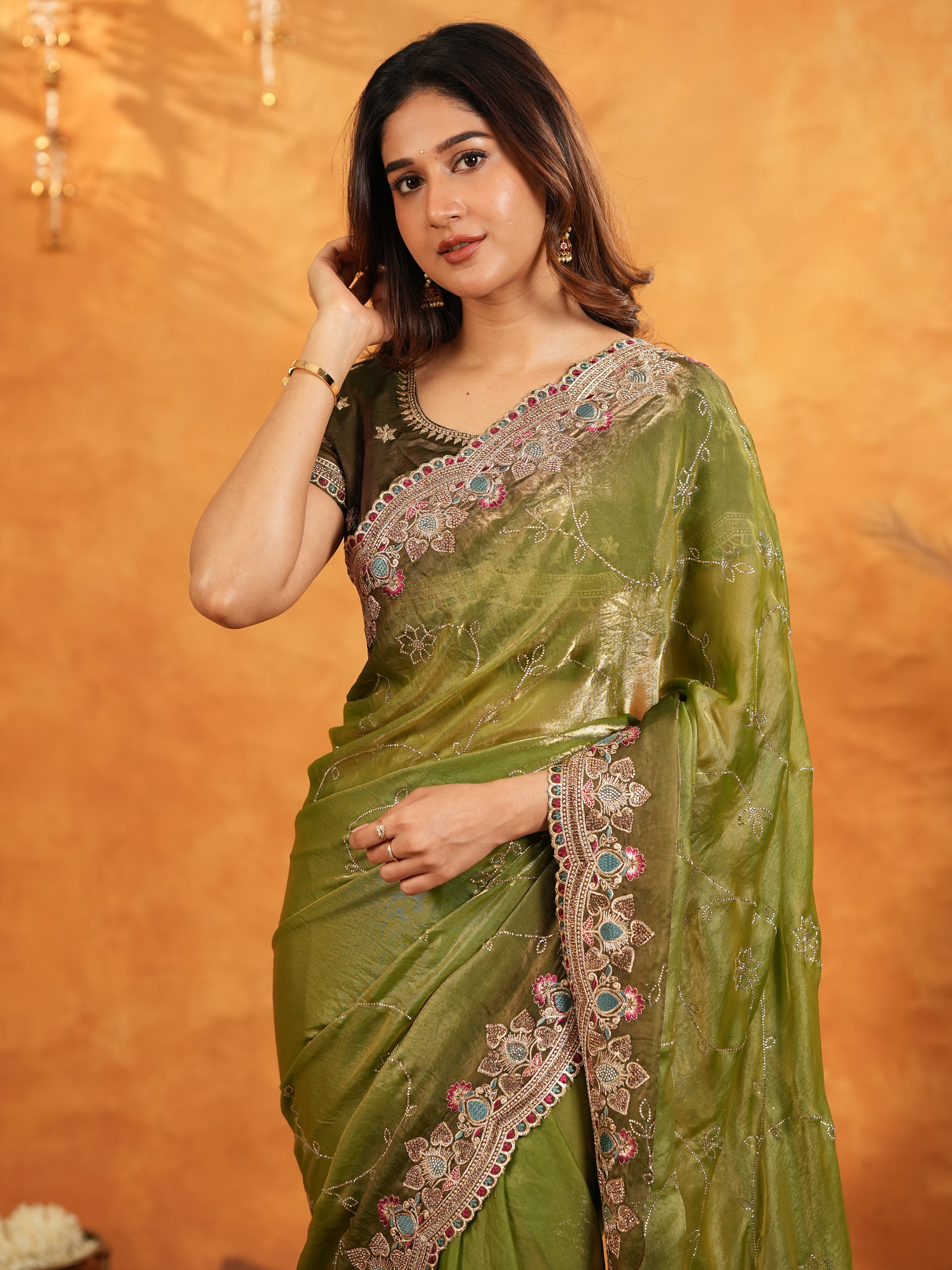 Olive Green Fendy Satin Embroidered Saree with Multicolor Floral Border & Tassels | Designer Festive Wear Saree with Heavy Embroidered Blouse