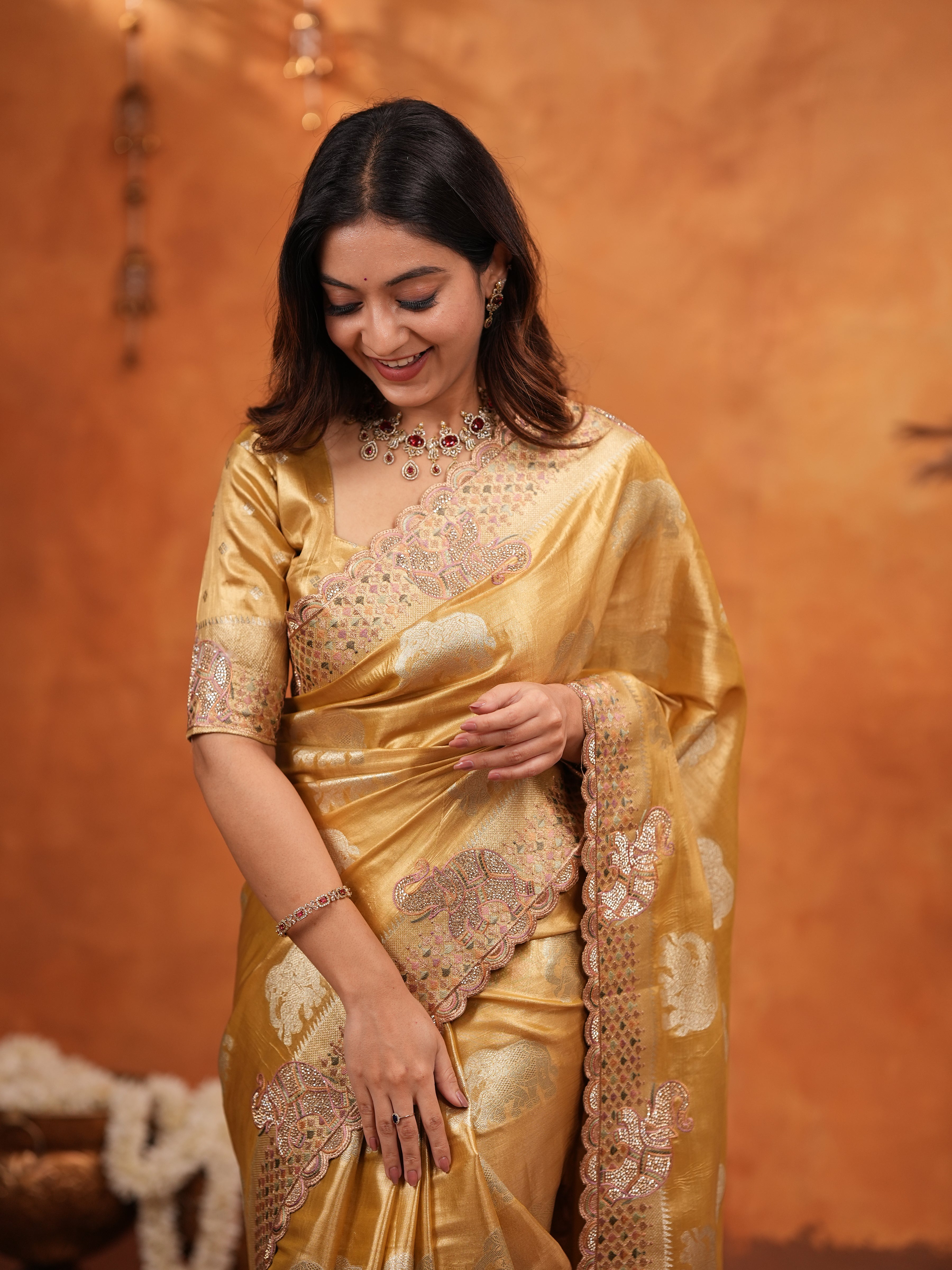 Golden Tissue Silk Embroidered Saree with Rich Zari Motifs & Designer Border | Heavy Embroidered Blouse with Tassels | Wedding & Festive Wear Saree