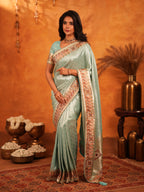 Mint Green Banarasi Silk Saree with Intricate Zari Weaving & Heavy Ornamental Embroidered Border | Elegant Festive & Wedding Wear Saree with Blouse