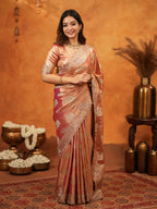 Peach Pink Tissue Silk Embroidered Saree with Zari Motifs & Designer Border | Heavy Embroidered Blouse with Tassels | Wedding & Festive Wear Saree