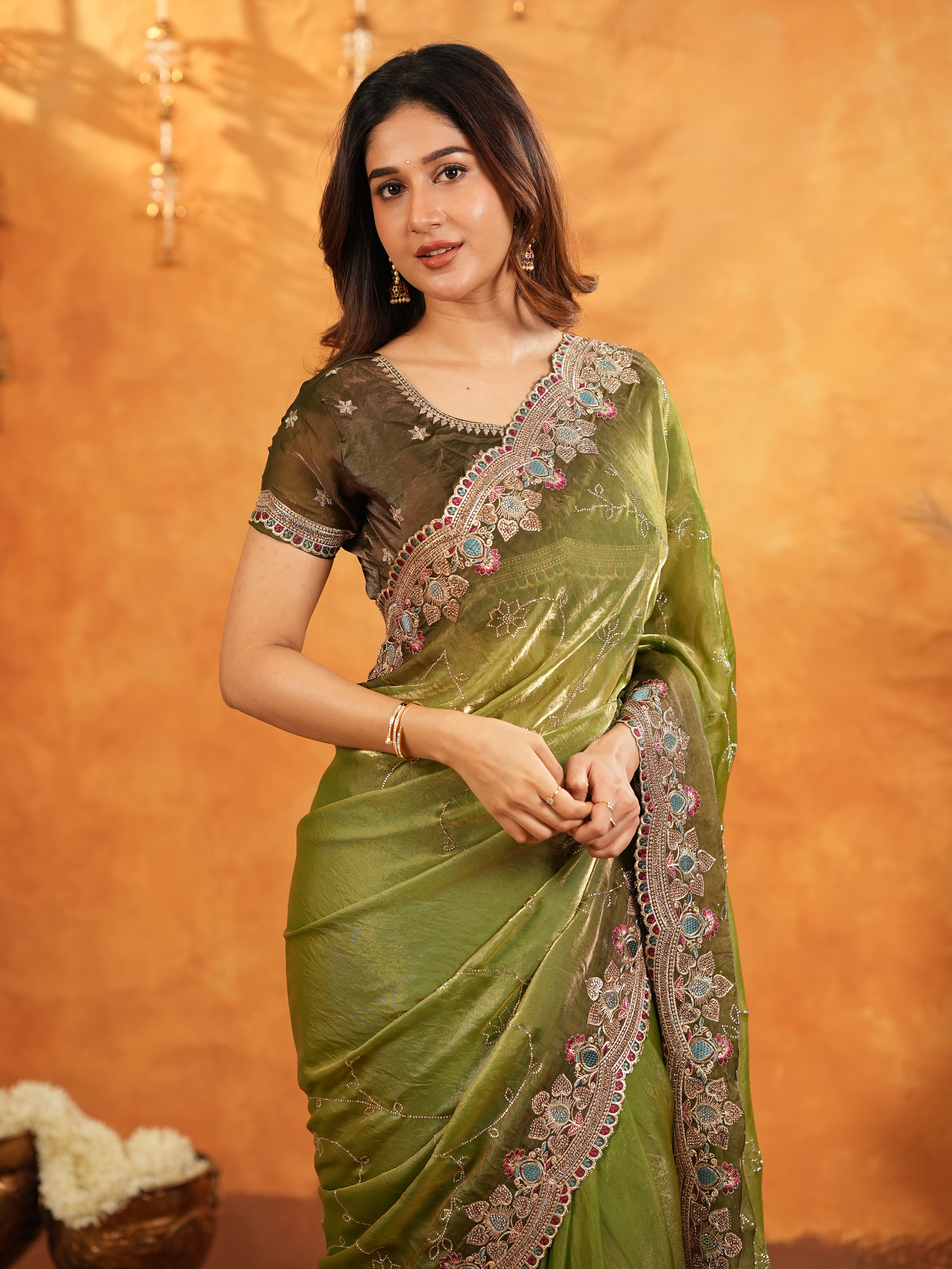 Olive Green Fendy Satin Embroidered Saree with Multicolor Floral Border & Tassels | Designer Festive Wear Saree with Heavy Embroidered Blouse
