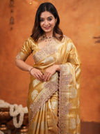 Golden Tissue Silk Embroidered Saree with Rich Zari Motifs & Designer Border | Heavy Embroidered Blouse with Tassels | Wedding & Festive Wear Saree