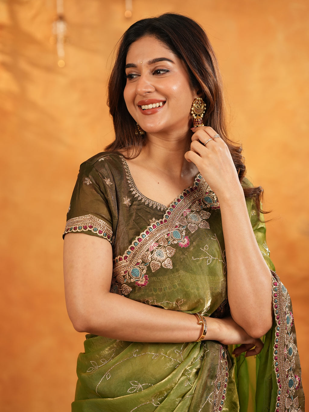 Olive Green Fendy Satin Embroidered Saree with Multicolor Floral Border & Tassels | Designer Festive Wear Saree with Heavy Embroidered Blouse