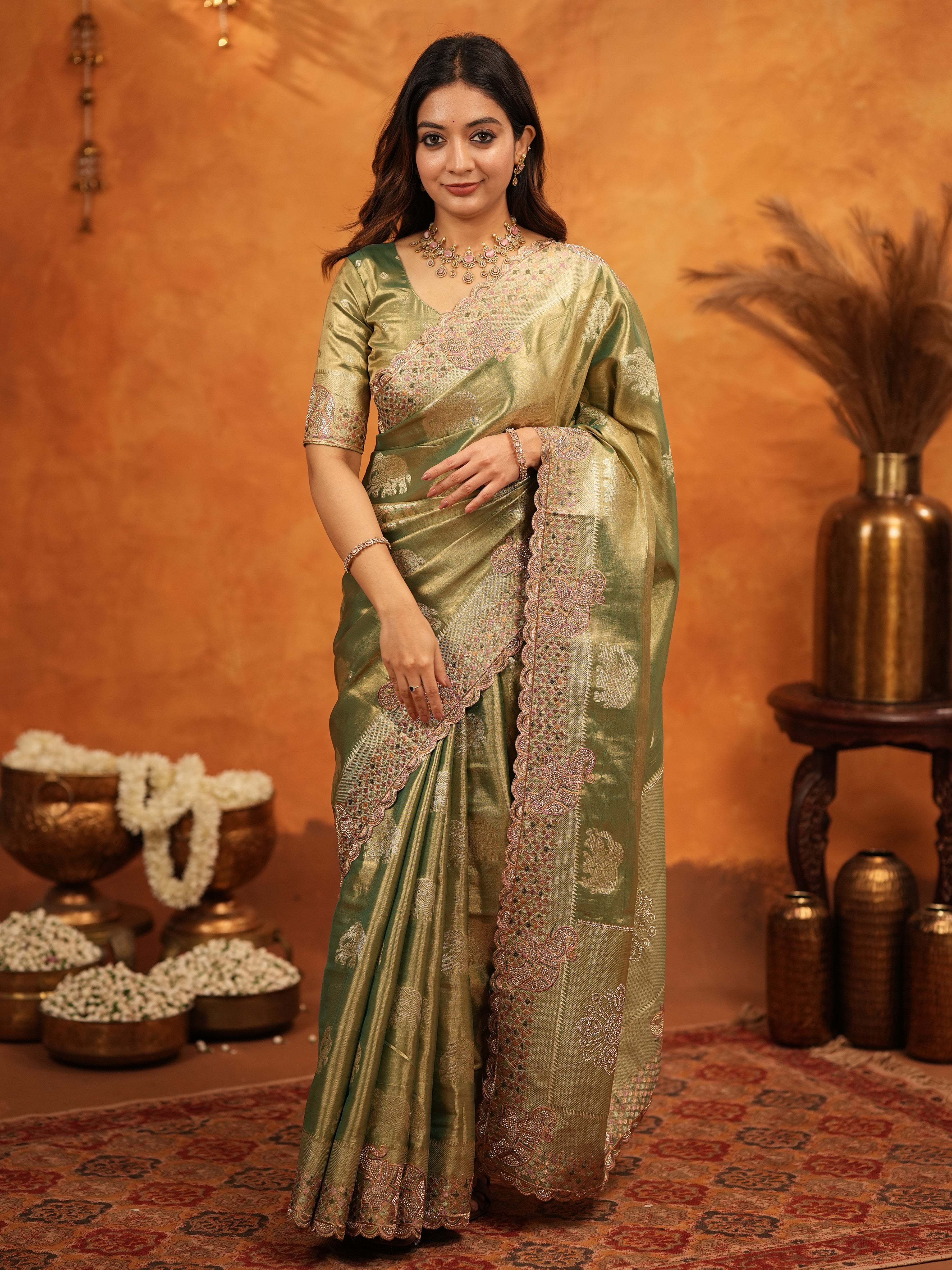 Olive Green Tissue Silk Embroidered Saree with Zari Motifs & Designer Border | Heavy Embroidered Blouse with Tassels | Wedding & Festive Wear Saree