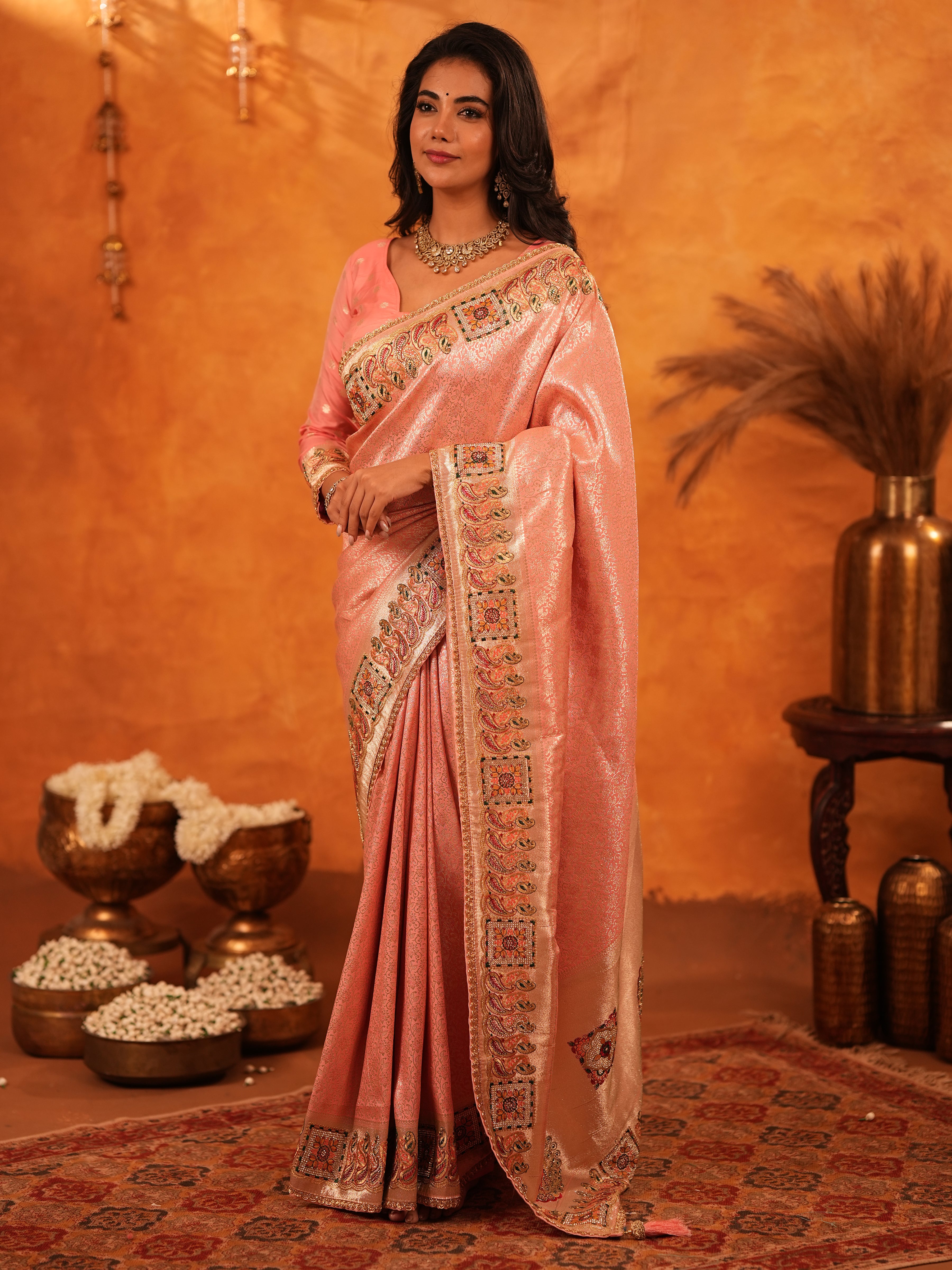 Peach Pink Banarasi Silk Saree with All-Over Zari Weaving & Rich Embroidered Border | Designer Festive & Wedding Wear Saree with Blouse
