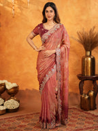 Dusty Rose Pink Fendy Satin Embroidered Saree with Multicolor Floral Border & Tassels | Elegant Designer Party Wear Saree with Heavy Embroidered Blouse