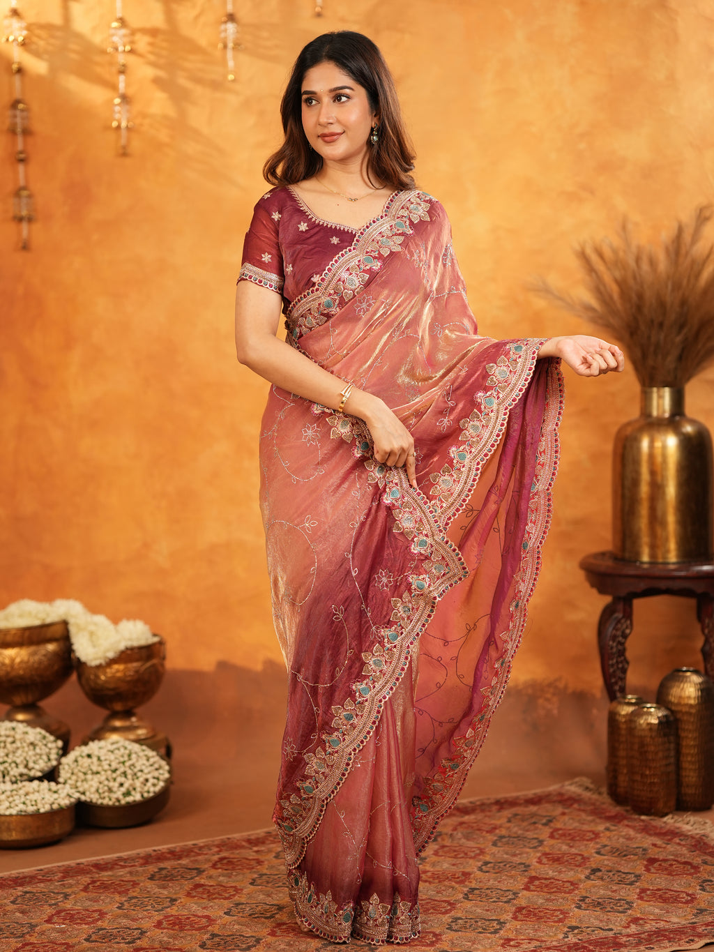 Dusty Rose Pink Fendy Satin Embroidered Saree with Multicolor Floral Border & Tassels | Elegant Designer Party Wear Saree with Heavy Embroidered Blouse
