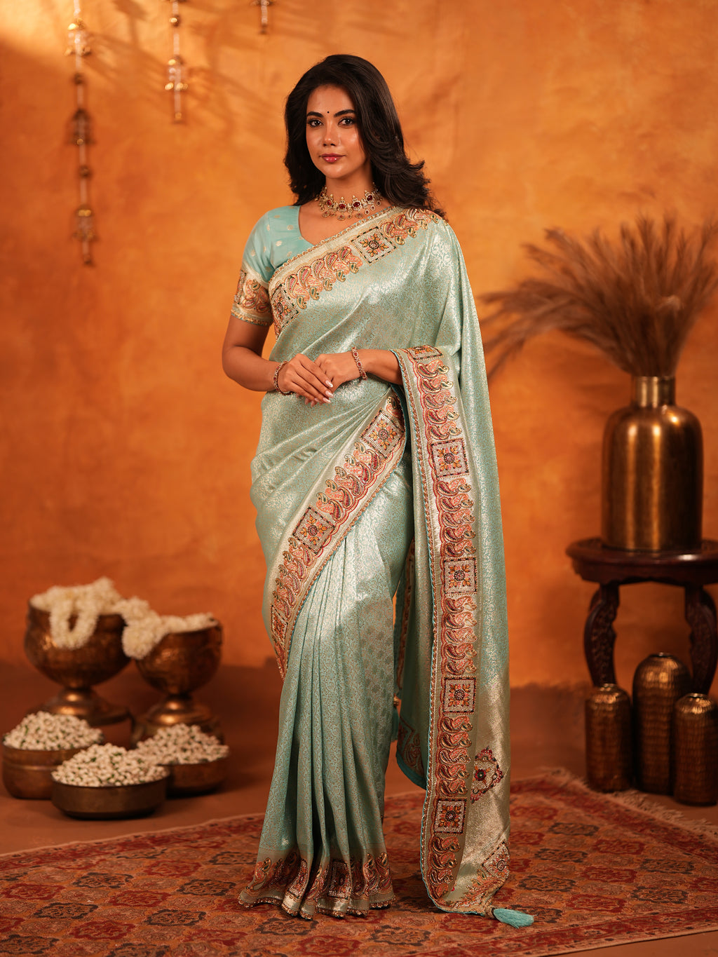 Mint Green Banarasi Silk Saree with Intricate Zari Weaving & Heavy Ornamental Embroidered Border | Elegant Festive & Wedding Wear Saree with Blouse