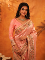 Peach Pink Banarasi Silk Saree with All-Over Zari Weaving & Rich Embroidered Border | Designer Festive & Wedding Wear Saree with Blouse