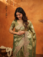 Olive Green Tissue Silk Embroidered Saree with Zari Motifs & Designer Border | Heavy Embroidered Blouse with Tassels | Wedding & Festive Wear Saree