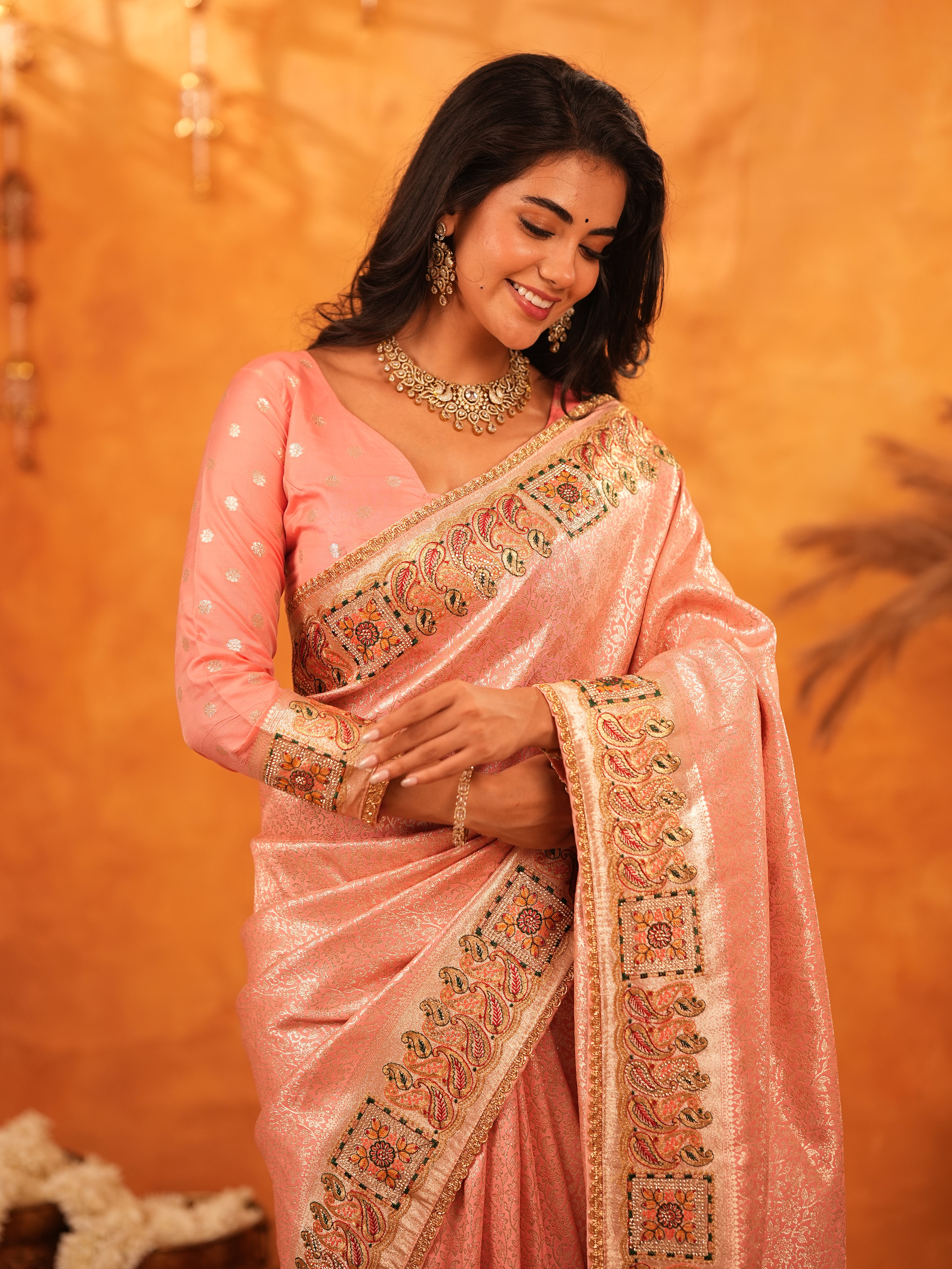 Peach Pink Banarasi Silk Saree with All-Over Zari Weaving & Rich Embroidered Border | Designer Festive & Wedding Wear Saree with Blouse