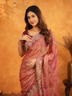 Dusty Rose Pink Fendy Satin Embroidered Saree with Multicolor Floral Border & Tassels | Elegant Designer Party Wear Saree with Heavy Embroidered Blouse