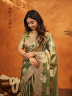 Olive Green Tissue Silk Embroidered Saree with Zari Motifs & Designer Border | Heavy Embroidered Blouse with Tassels | Wedding & Festive Wear Saree