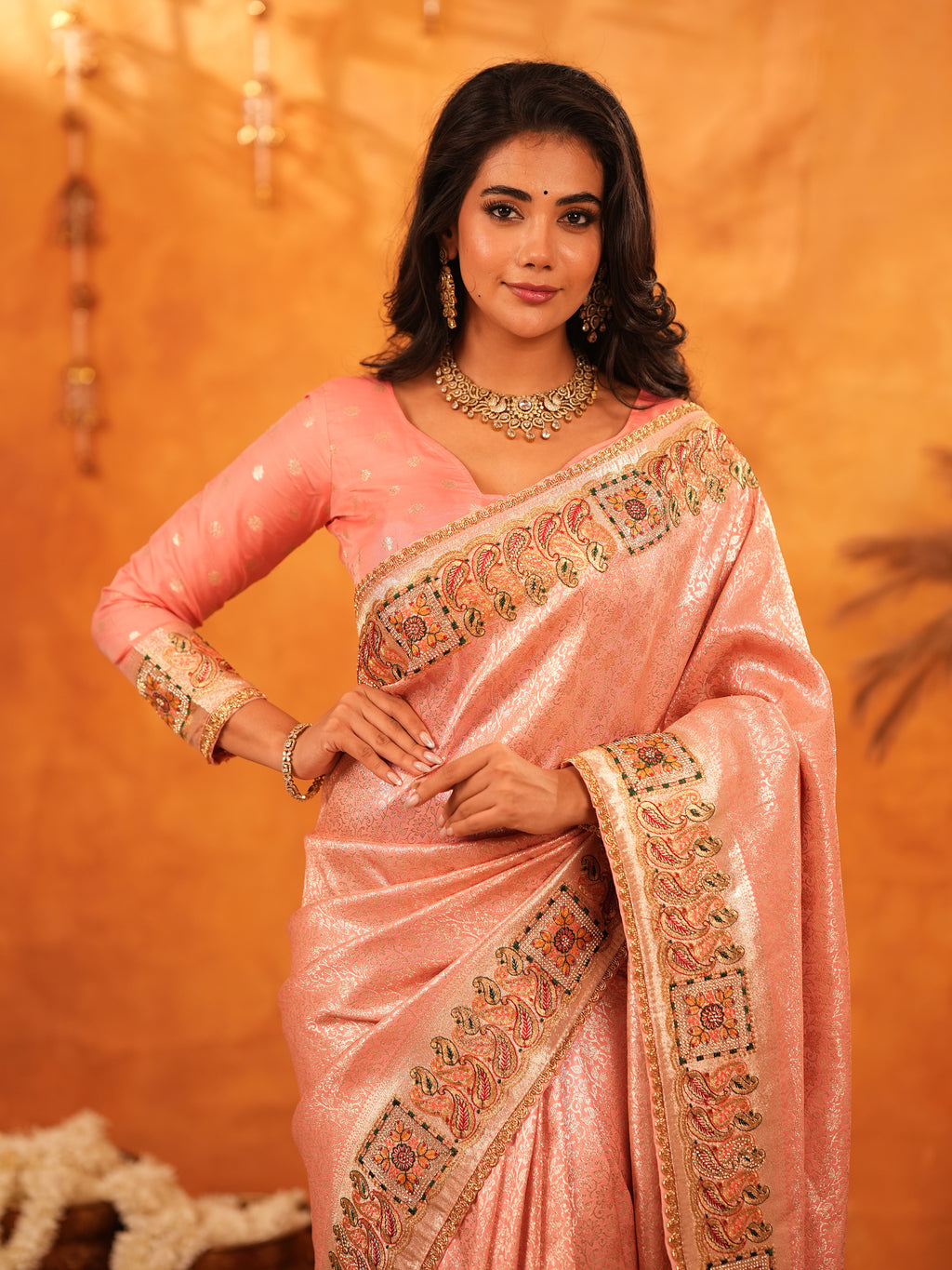 Peach Pink Banarasi Silk Saree with All-Over Zari Weaving & Rich Embroidered Border | Designer Festive & Wedding Wear Saree with Blouse