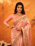 Peach Pink Banarasi Silk Saree with All-Over Zari Weaving & Rich Embroidered Border | Designer Festive & Wedding Wear Saree with Blouse