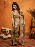 Antique Gold Tissue Silk Embroidered Saree with Rich Zari Motifs & Designer Border | Heavy Embroidered Blouse with Tassels | Wedding Festive Wear Saree
