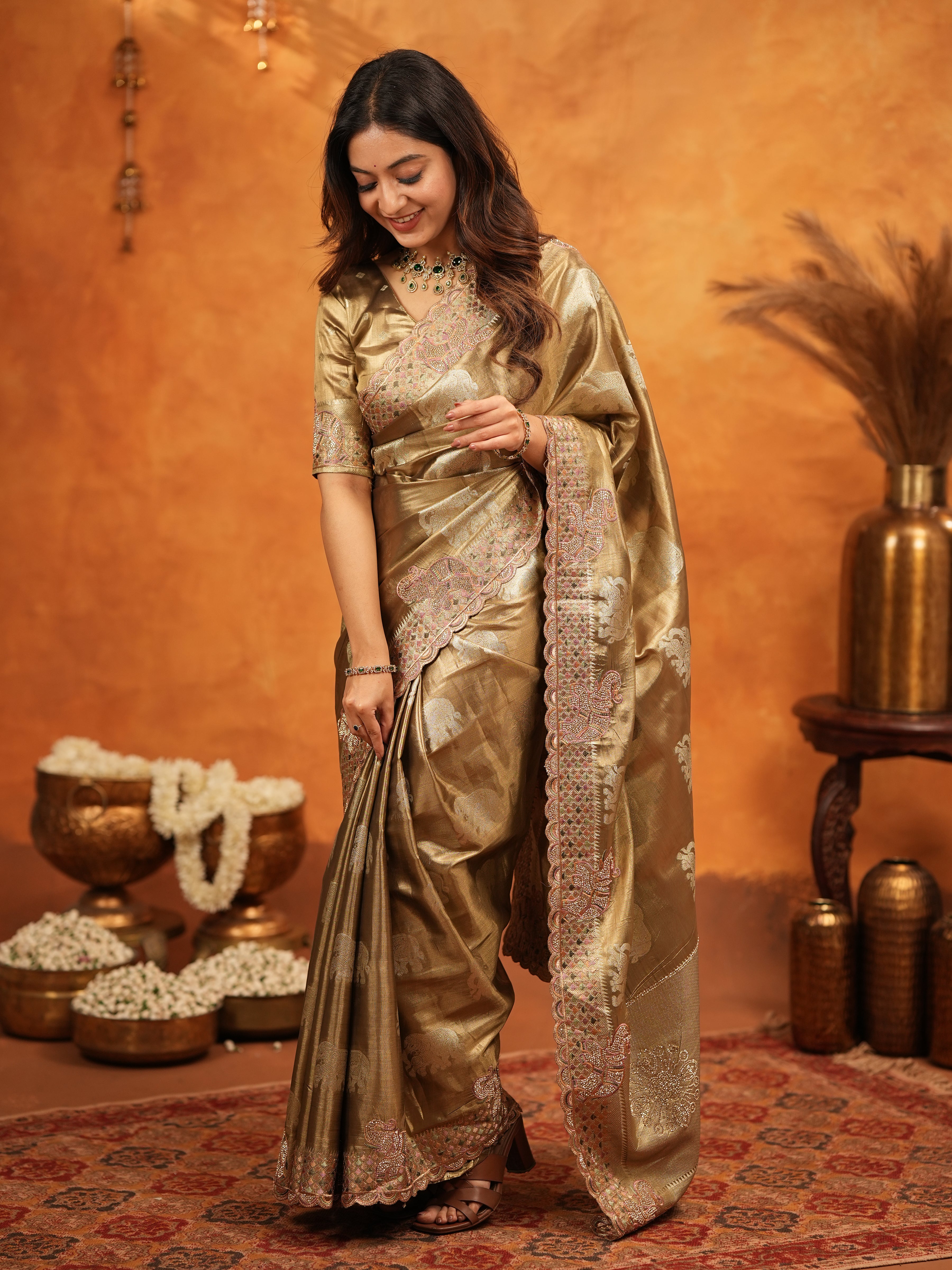 Antique Gold Tissue Silk Embroidered Saree with Rich Zari Motifs & Designer Border | Heavy Embroidered Blouse with Tassels | Wedding Festive Wear Saree
