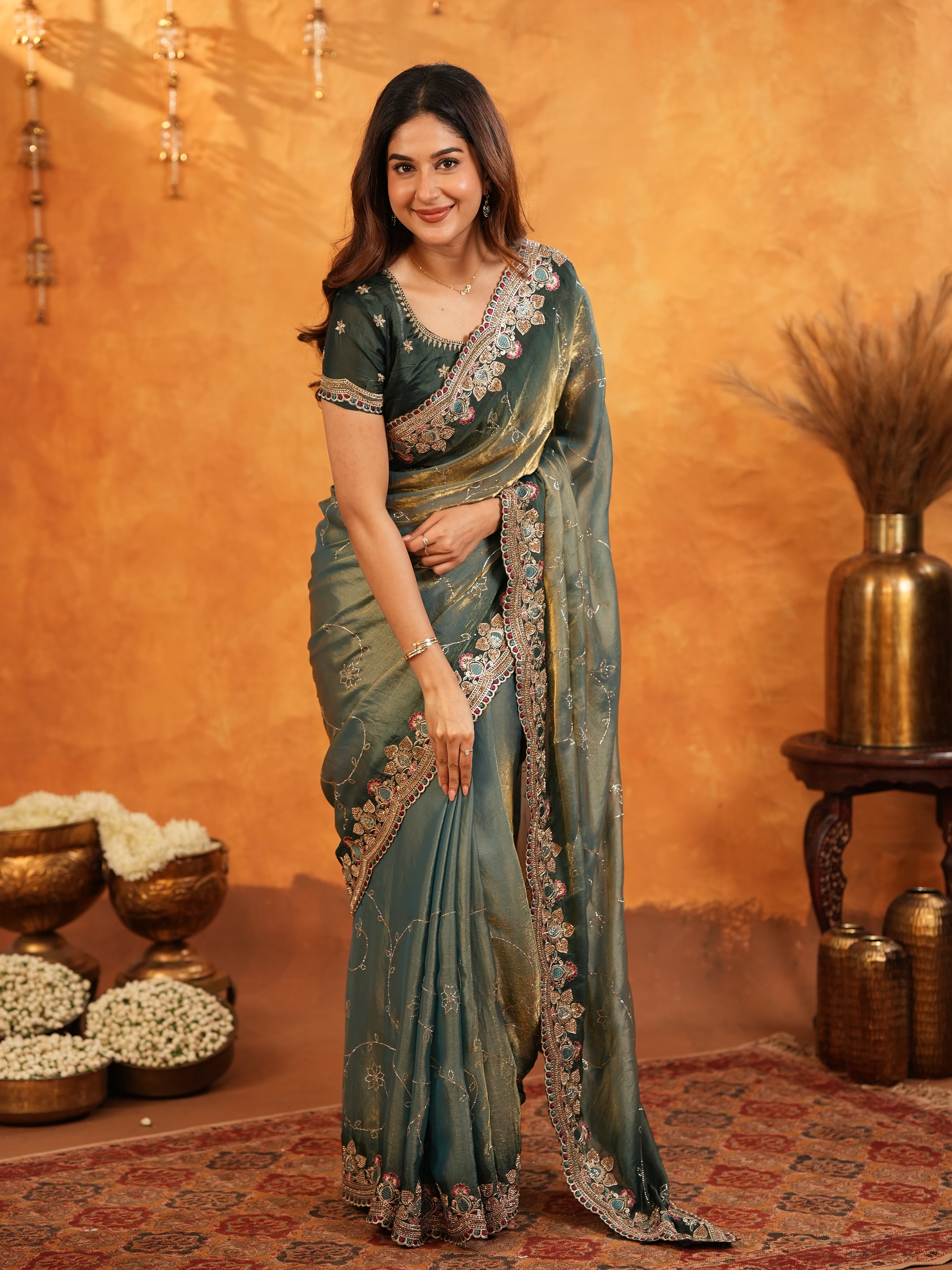Elegant Steel Teal Fendy Satin Embroidered Saree with Floral Border & Tassel Finish | Designer Party Wear Saree with Heavy Embroidered Blouse