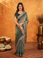 Elegant Steel Teal Fendy Satin Embroidered Saree with Floral Border & Tassel Finish | Designer Party Wear Saree with Heavy Embroidered Blouse