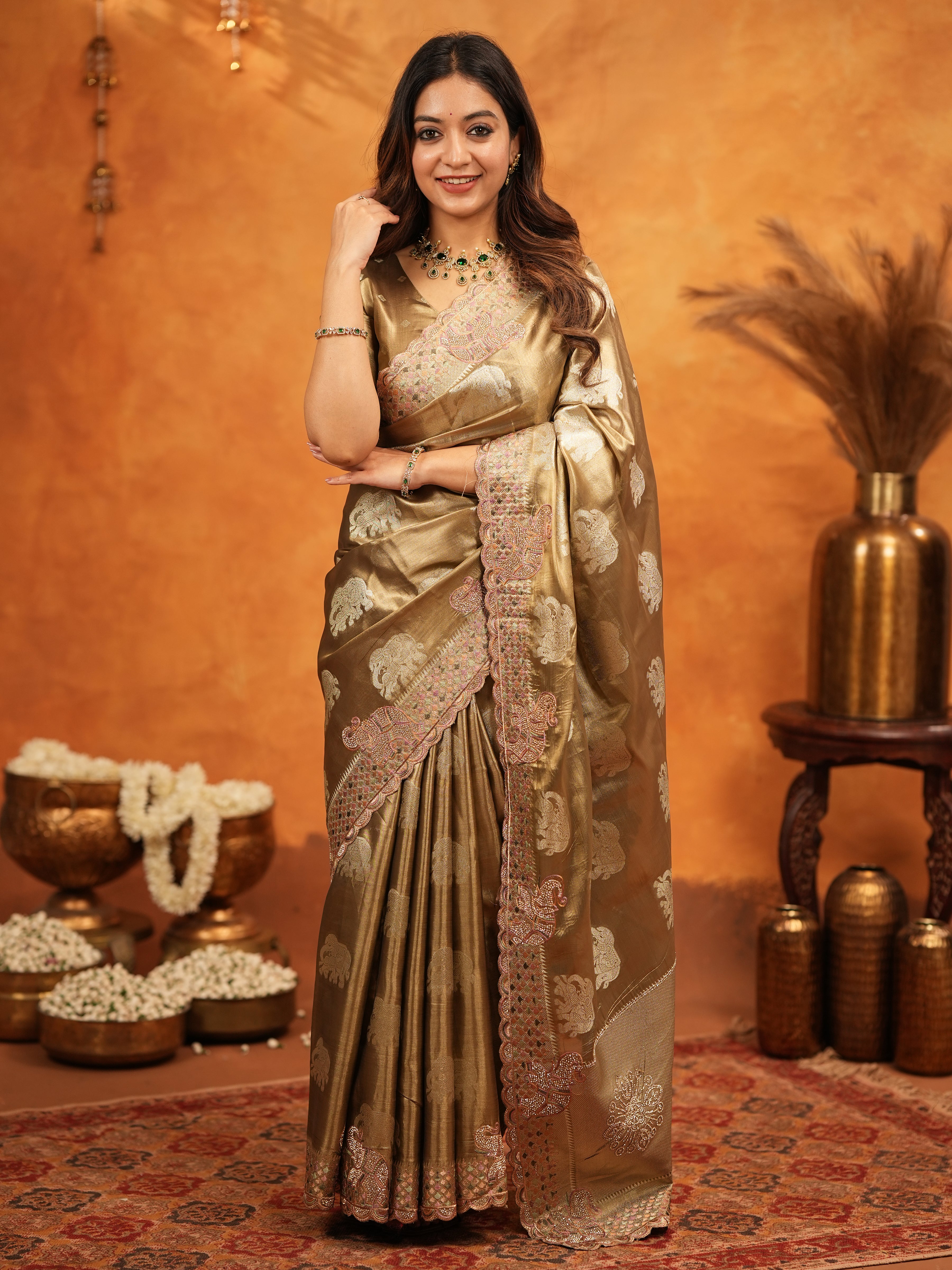 Antique Gold Tissue Silk Embroidered Saree with Rich Zari Motifs & Designer Border | Heavy Embroidered Blouse with Tassels | Wedding Festive Wear Saree