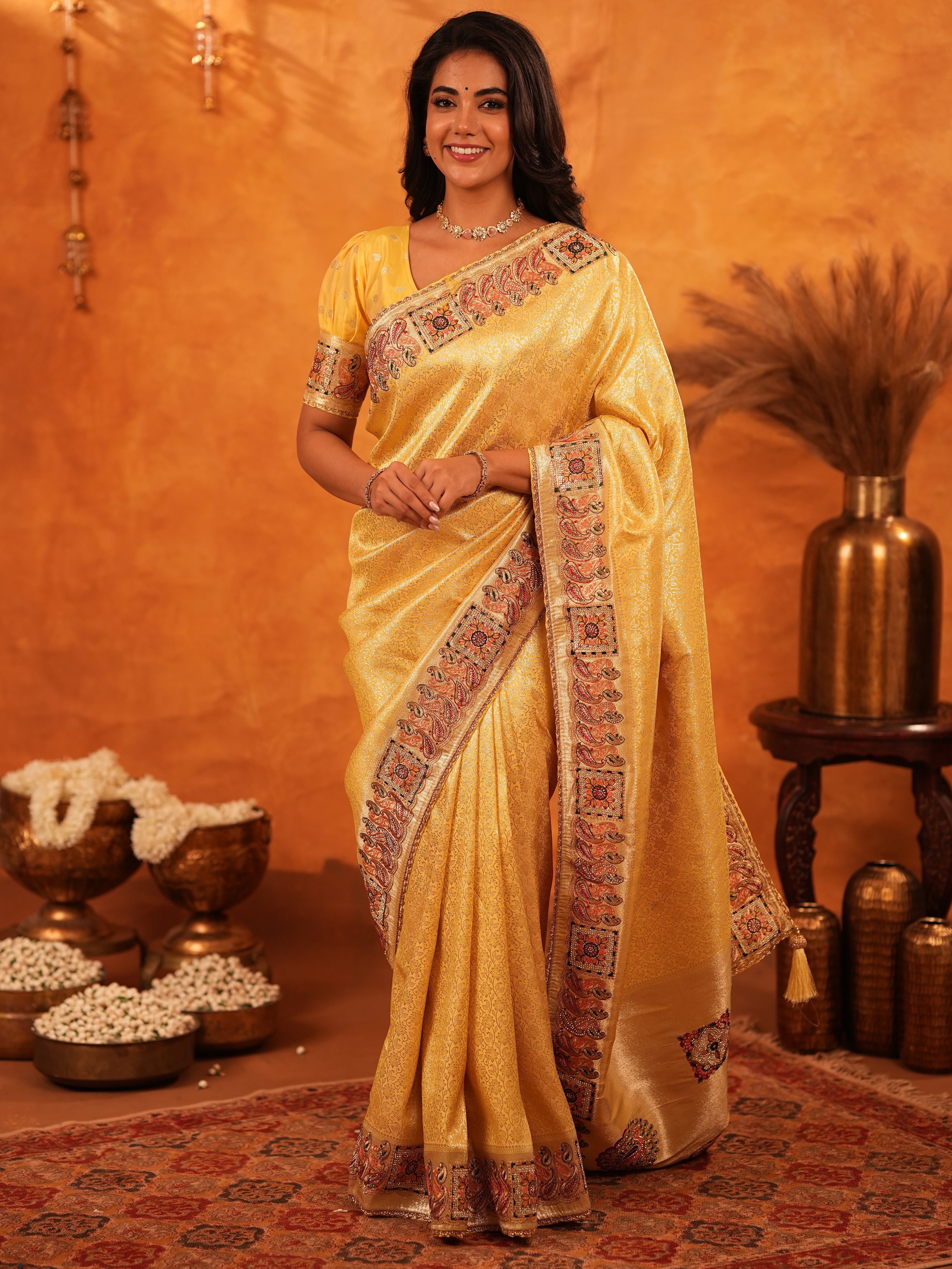 Sunshine Yellow Banarasi Silk Saree with Rich Zari Weaving & Heavy Embroidered Border | Designer Festive & Wedding Wear Saree with Blouse
