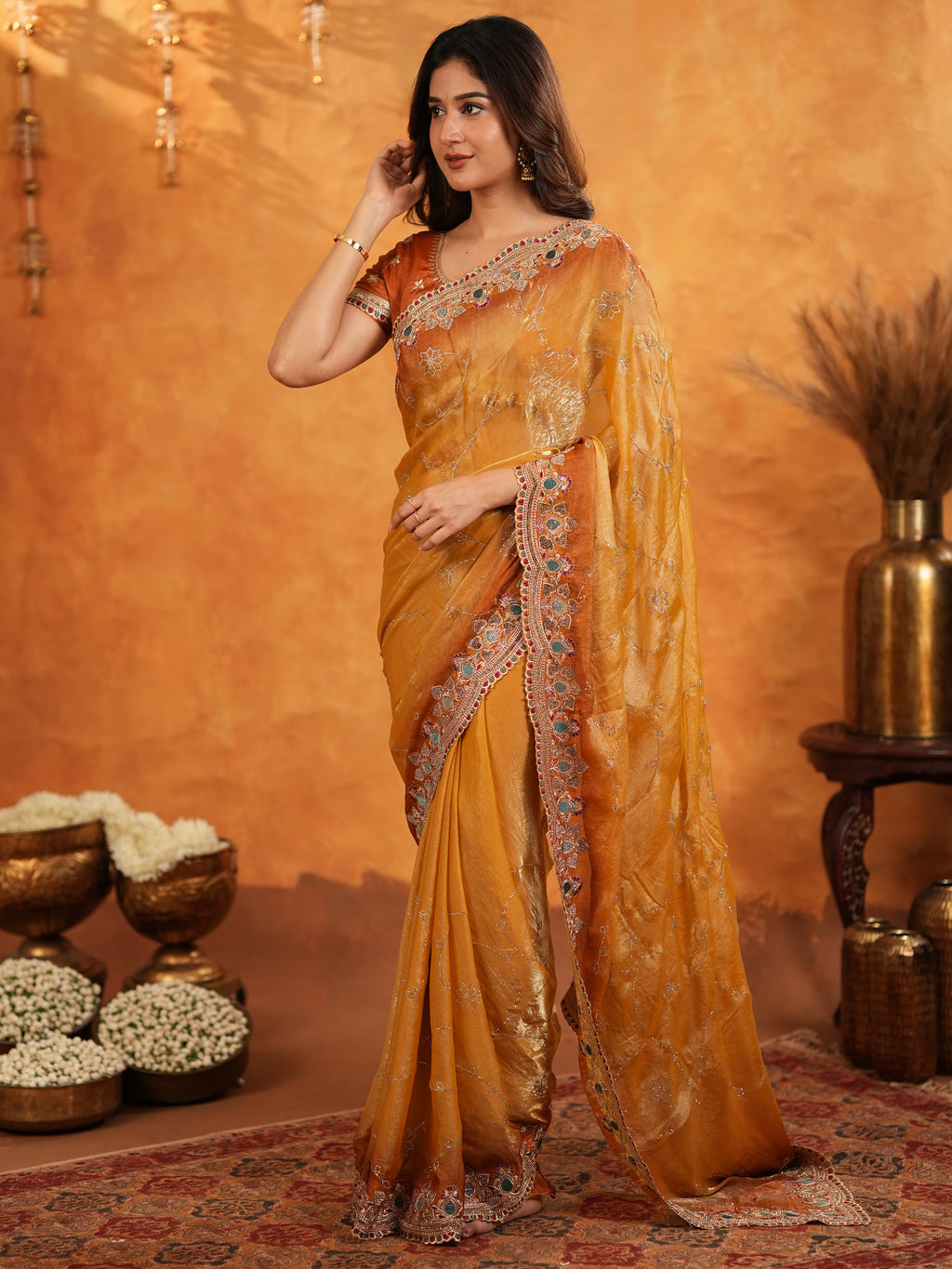 Mustard Gold Fendy Satin Embroidered Saree with Multicolor Floral Border & Tassels | Designer Festive Party Wear Saree with Heavy Embroidered Blouse