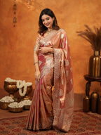Peach Pink Tissue Silk Embroidered Saree with Zari Motifs & Designer Border | Heavy Embroidered Blouse with Tassels | Wedding & Festive Wear Saree