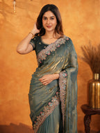 Elegant Steel Teal Fendy Satin Embroidered Saree with Floral Border & Tassel Finish | Designer Party Wear Saree with Heavy Embroidered Blouse