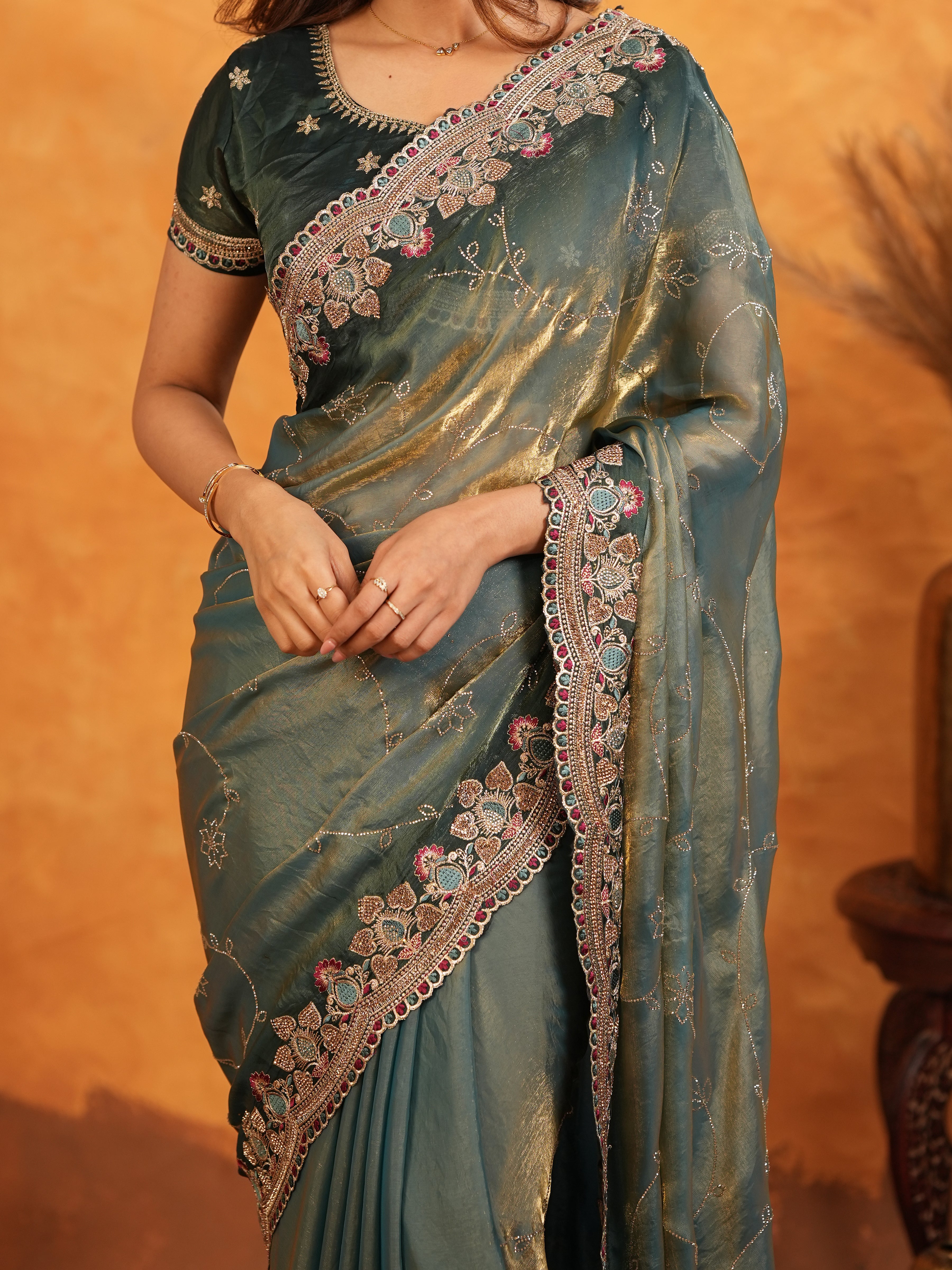 Elegant Steel Teal Fendy Satin Embroidered Saree with Floral Border & Tassel Finish | Designer Party Wear Saree with Heavy Embroidered Blouse