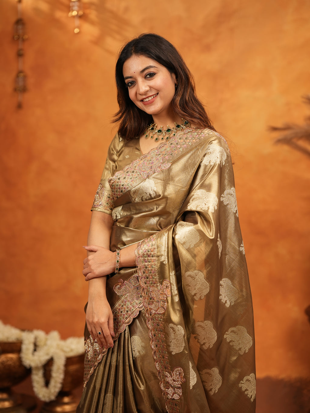 Antique Gold Tissue Silk Embroidered Saree with Rich Zari Motifs & Designer Border | Heavy Embroidered Blouse with Tassels | Wedding Festive Wear Saree