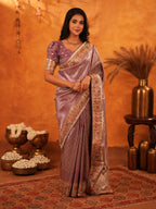 Dusty Mauve Banarasi Silk Saree with Intricate Zari Weaving & Rich Embroidered Border | Elegant Wedding & Festive Wear Saree with Blouse