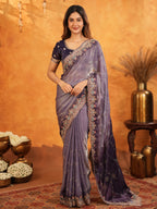 Royal Lavender Purple Fendy Satin Embroidered Saree with Intricate Floral Border & Tassels | Designer Party Wear Saree with Heavy Embroidered Blouse