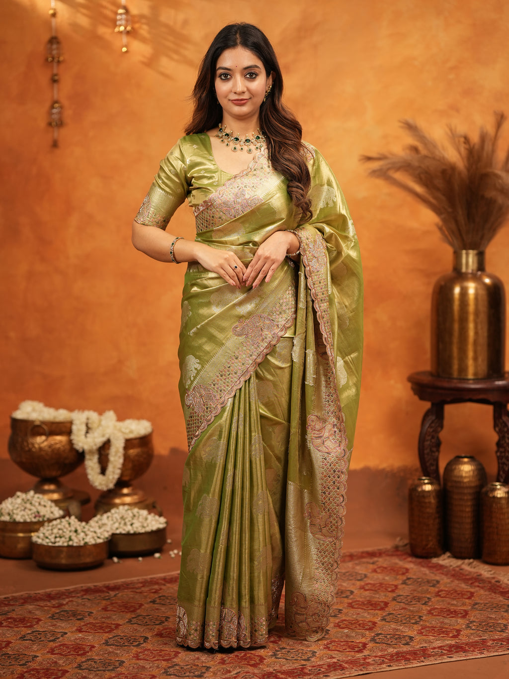 Mehendi Green Tissue Silk Embroidered Saree with Zari Motifs & Designer Border | Heavy Embroidered Blouse with Tassels | Wedding & Festive Wear Saree