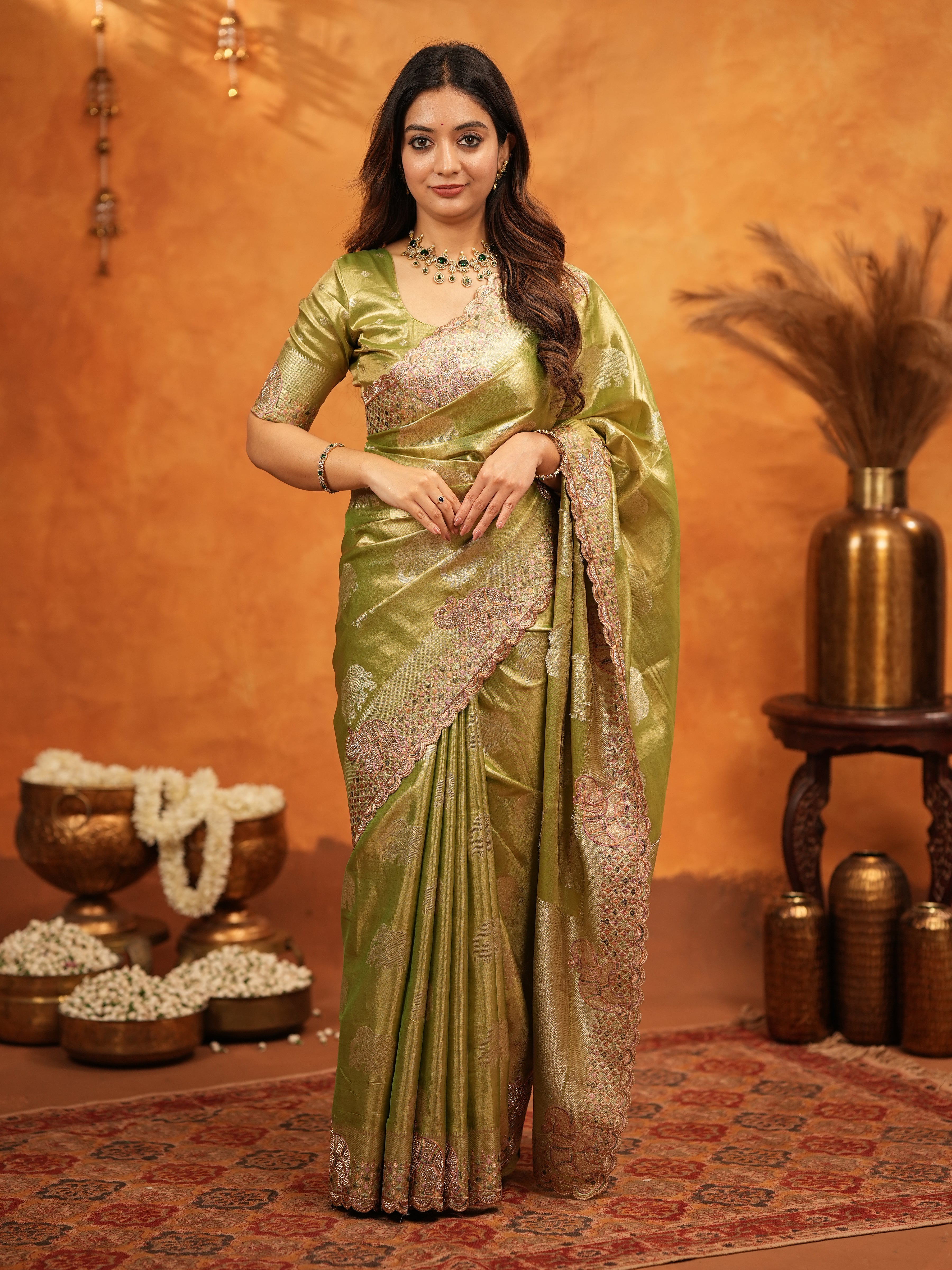Mehendi Green Tissue Silk Embroidered Saree with Zari Motifs & Designer Border | Heavy Embroidered Blouse with Tassels | Wedding & Festive Wear Saree