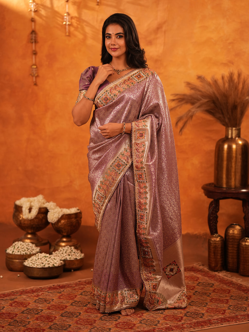 Dusty Mauve Banarasi Silk Saree with Intricate Zari Weaving & Rich Embroidered Border | Elegant Wedding & Festive Wear Saree with Blouse