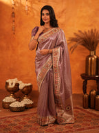 Dusty Mauve Banarasi Silk Saree with Intricate Zari Weaving & Rich Embroidered Border | Elegant Wedding & Festive Wear Saree with Blouse