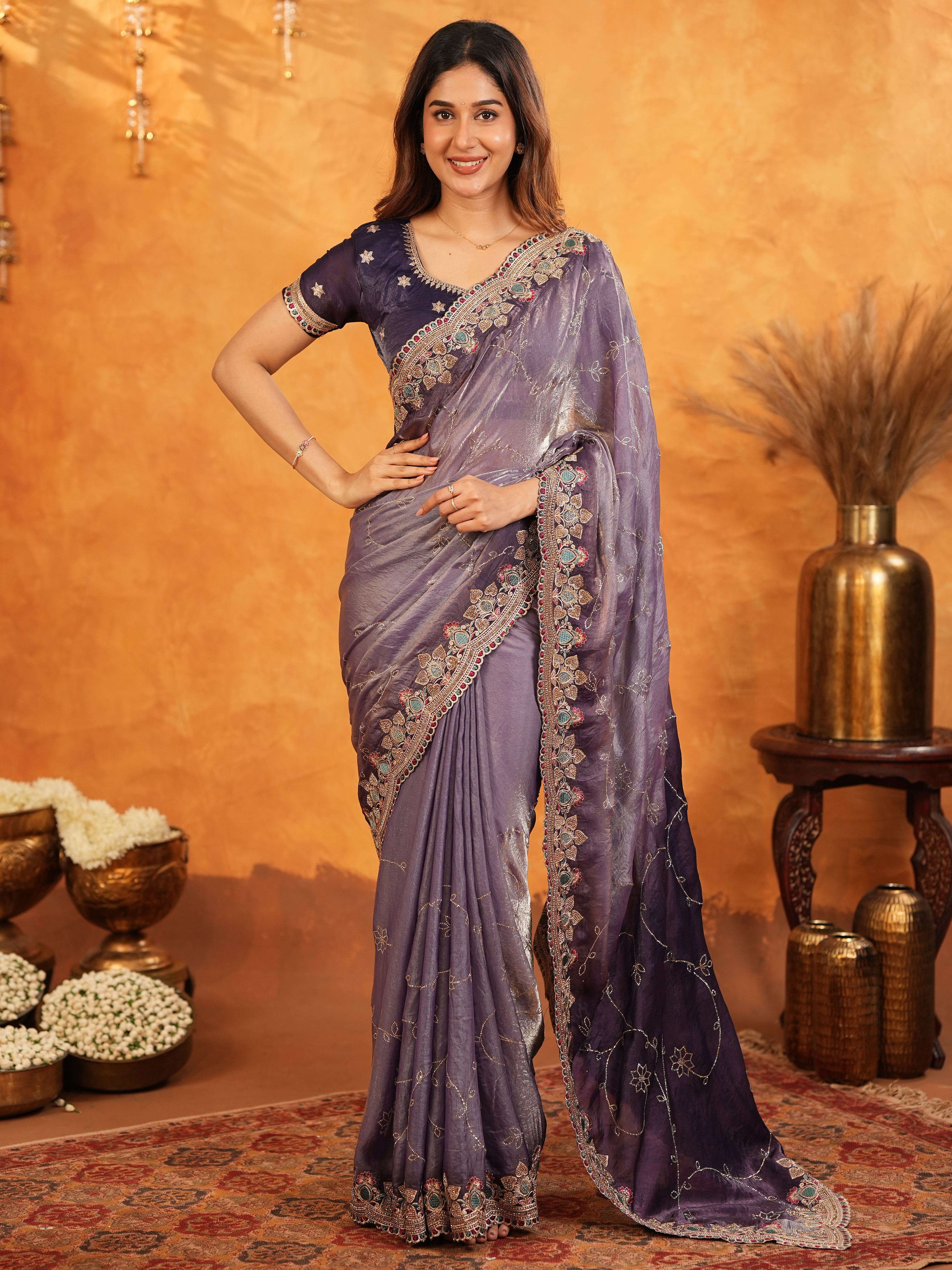 Royal Lavender Purple Fendy Satin Embroidered Saree with Intricate Floral Border & Tassels | Designer Party Wear Saree with Heavy Embroidered Blouse