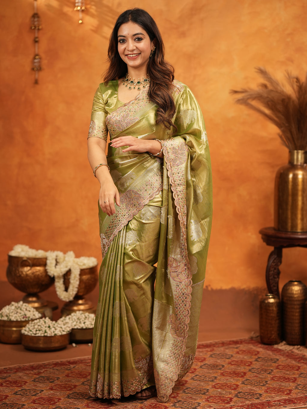Mehendi Green Tissue Silk Embroidered Saree with Zari Motifs & Designer Border | Heavy Embroidered Blouse with Tassels | Wedding & Festive Wear Saree