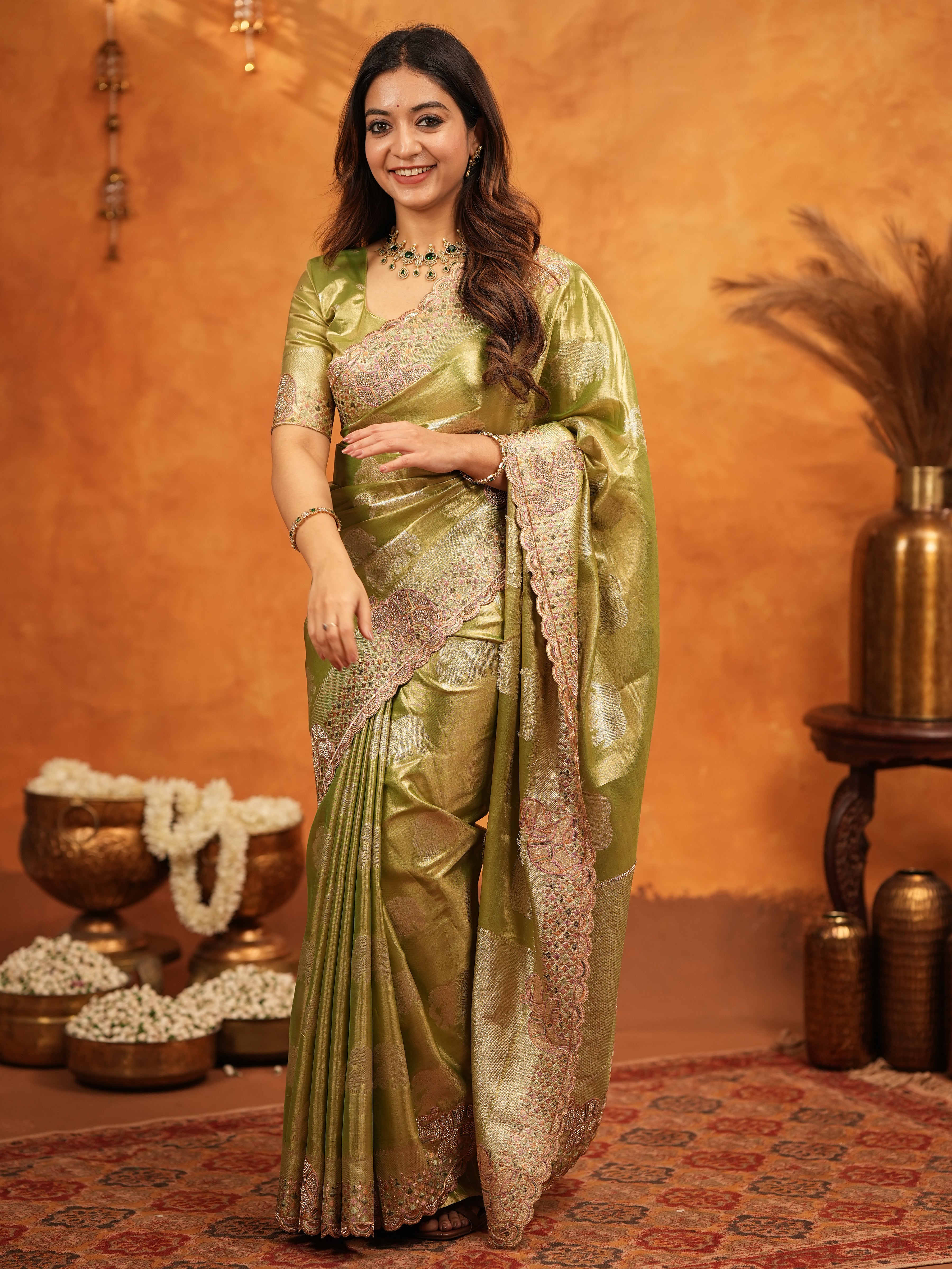 Mehendi Green Tissue Silk Embroidered Saree with Zari Motifs & Designer Border | Heavy Embroidered Blouse with Tassels | Wedding & Festive Wear Saree